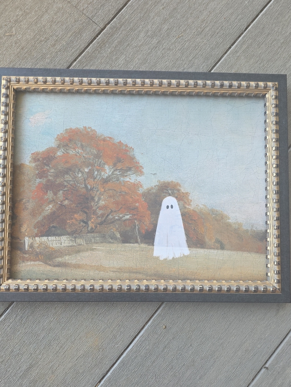 Framed Autumn Landscape in Orange and White With Ghost